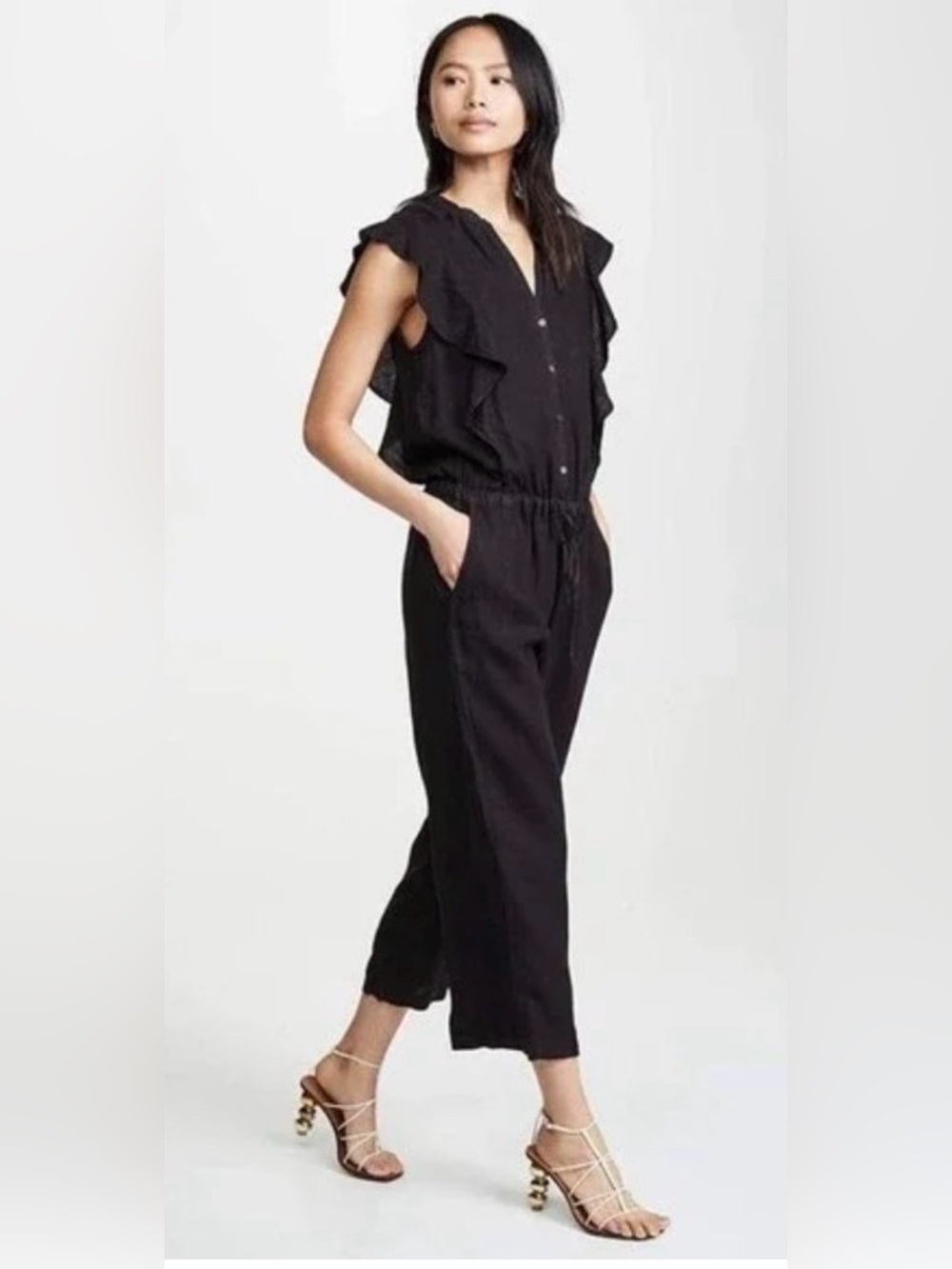 Velvet by Graham & Spencer Faretta Black Linen Ruffle Sleeveless Jumpsuit